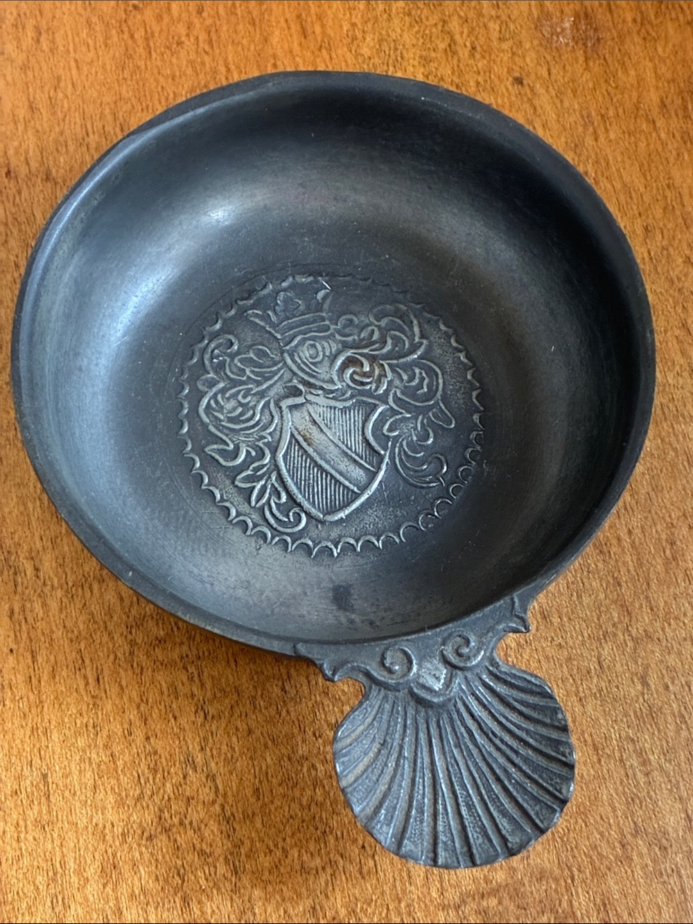 Antique English Pewter Dish / Porringer with Shell Handle - Olde Oxford Pewter